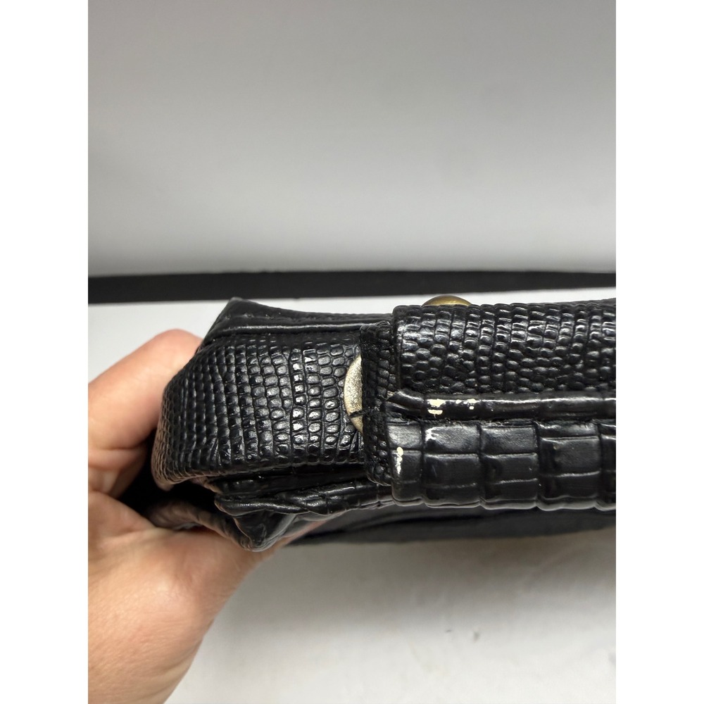 Vintage Black Embossed Patchwork Handbag Crocodile Ostrich Lizard Top Handle Bag - Picture 7 of 15
